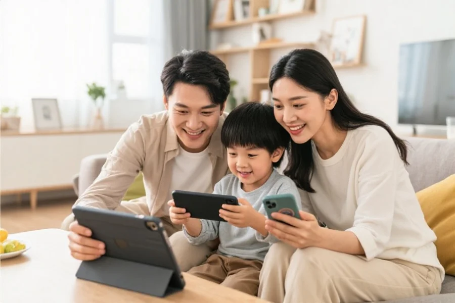 现代家庭中,一位年轻父母和孩子一起在平板与手机上体验九游体育网页版,氛围温馨友好