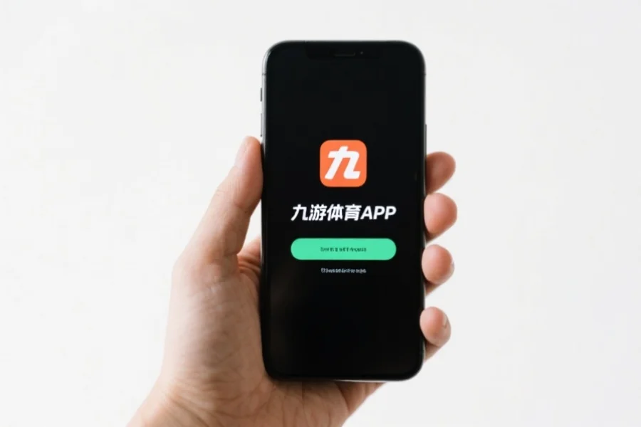一只手持安卓手机,屏幕上显示“九游体育APP”安装界面,背景干净简洁